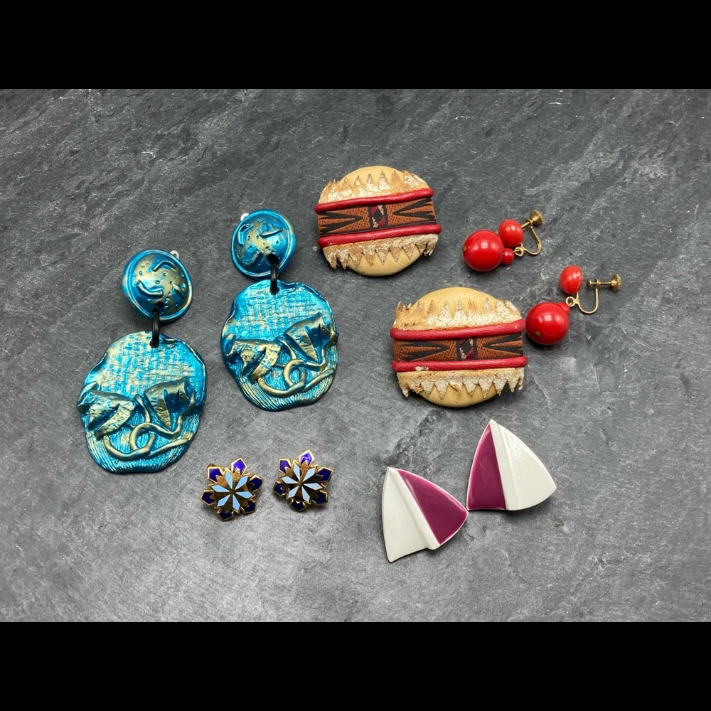 CLIP-ON Women’s Vintage Bundle 5x pairs earrings silver gold cloisonné